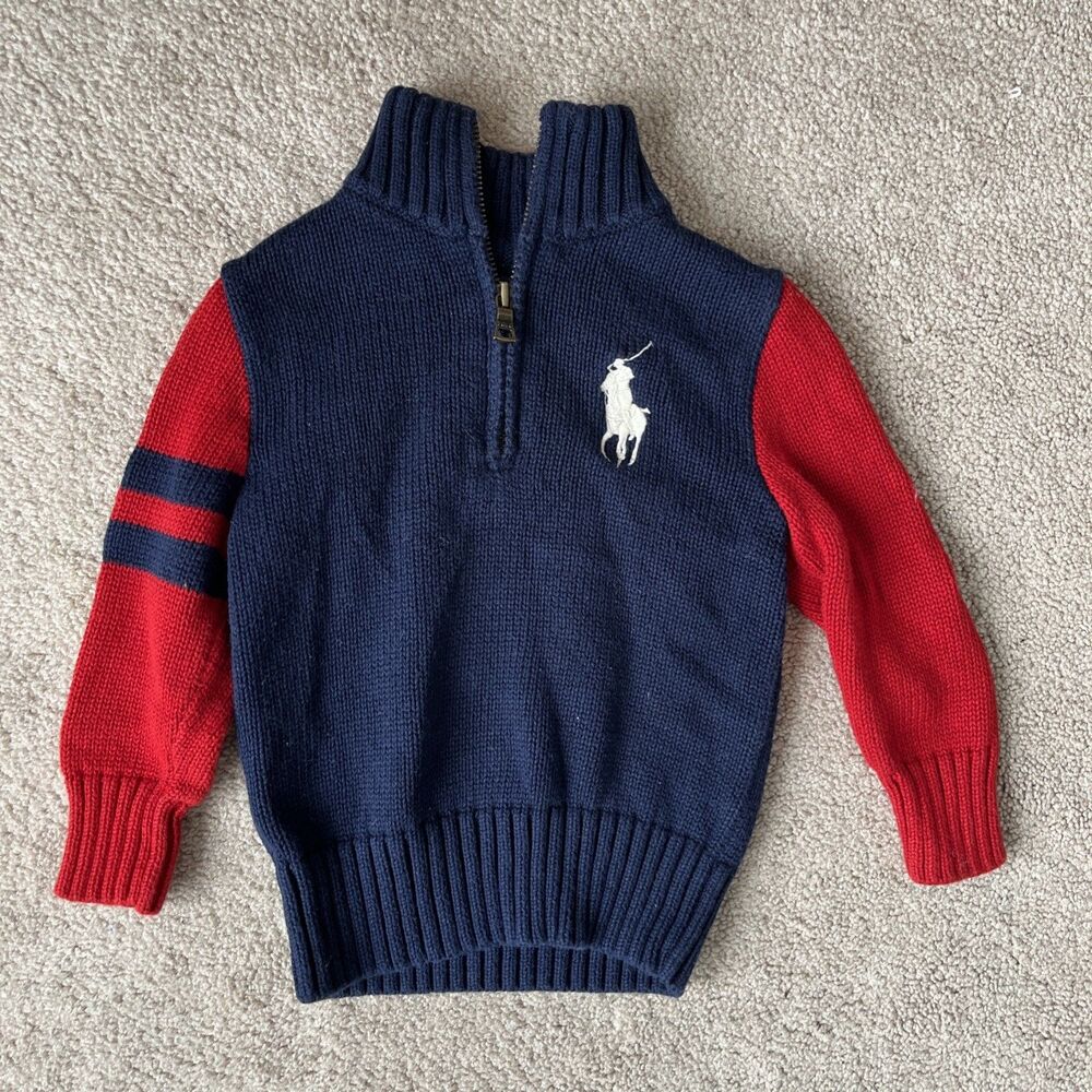 Vintage Polo Ralph Lauren 1/4 Zip Sweater Toddler Boys 2T Big Pony Navy Red #3